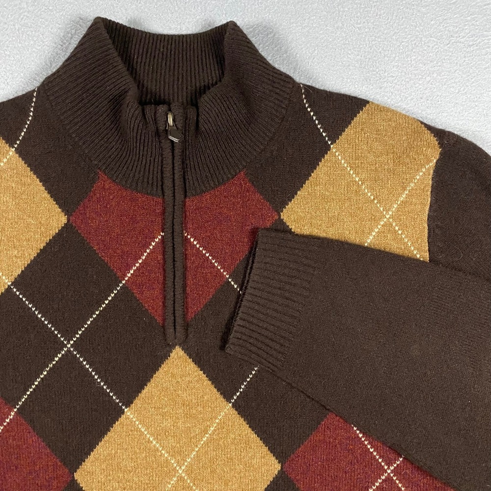Brooks Brothers 346 Mens XL Scottish Lambswool Argyle Quarter Zip Sweater Brown